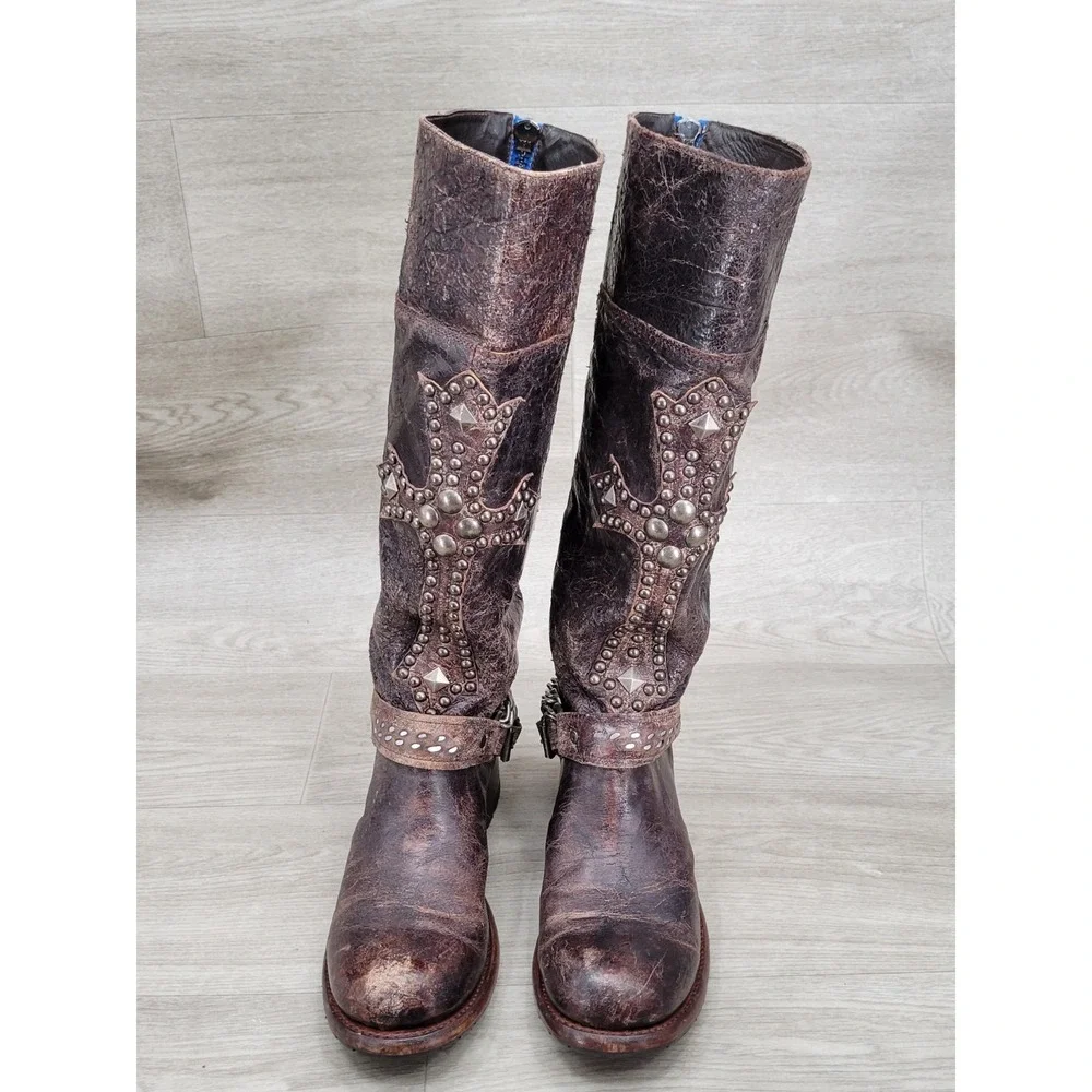 Vintage SENDRA Knee High Western Leather Belted With Big Cross Boots 9.5
